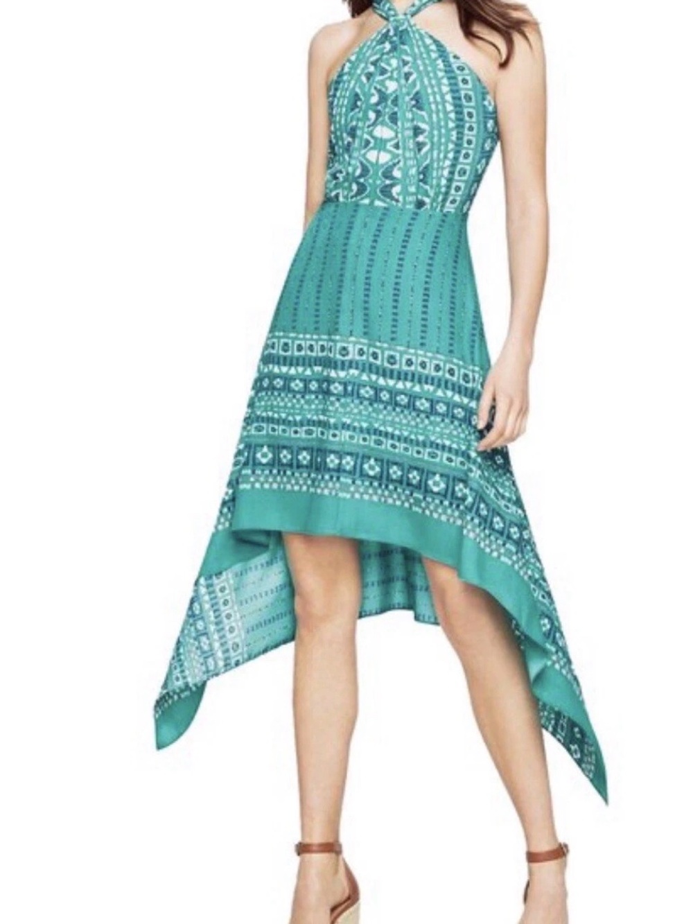 BCBG Teal Printed Halter High-Low Dress